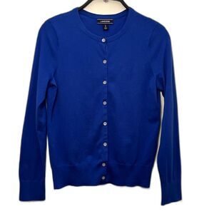 LANDS END Round Neck Knit Button Up Cotton Cardigan, Blue- S (6-8)